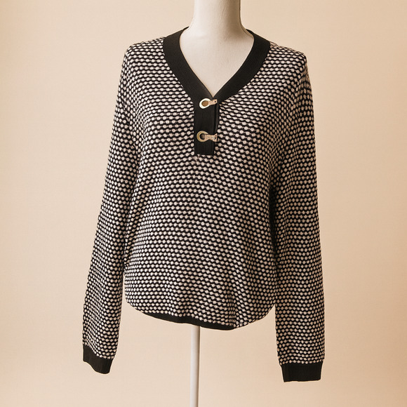Karen Scott Knit Sweater Black White Polka Dot Retro Mod Preppy Y2K Academia - Picture 1 of 8